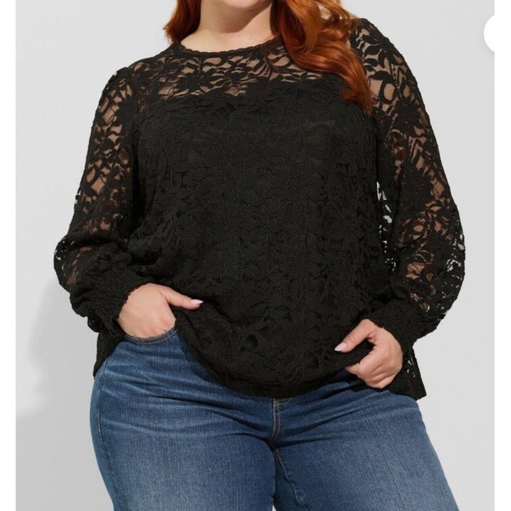NEW Torrid Black Lace Stretch Lined Long Gathered Sleeve‎ Tunic Top Dark Romance
